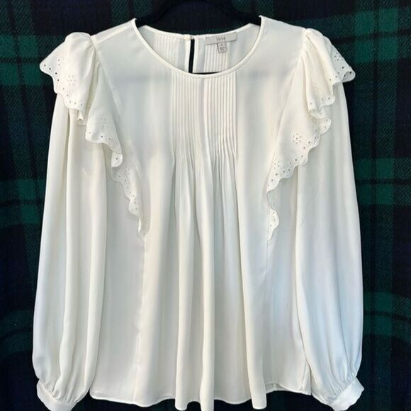 Joie Cream Blouse with Lovely Pleats and Embroidery‎ on Ruffled Accents Sz Small - Picture 1 of 6